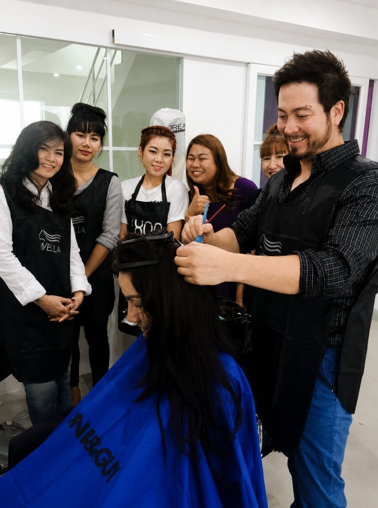 Group of six people wearing black aprons gathered around a blue fabric in an indoor salon or studio setting