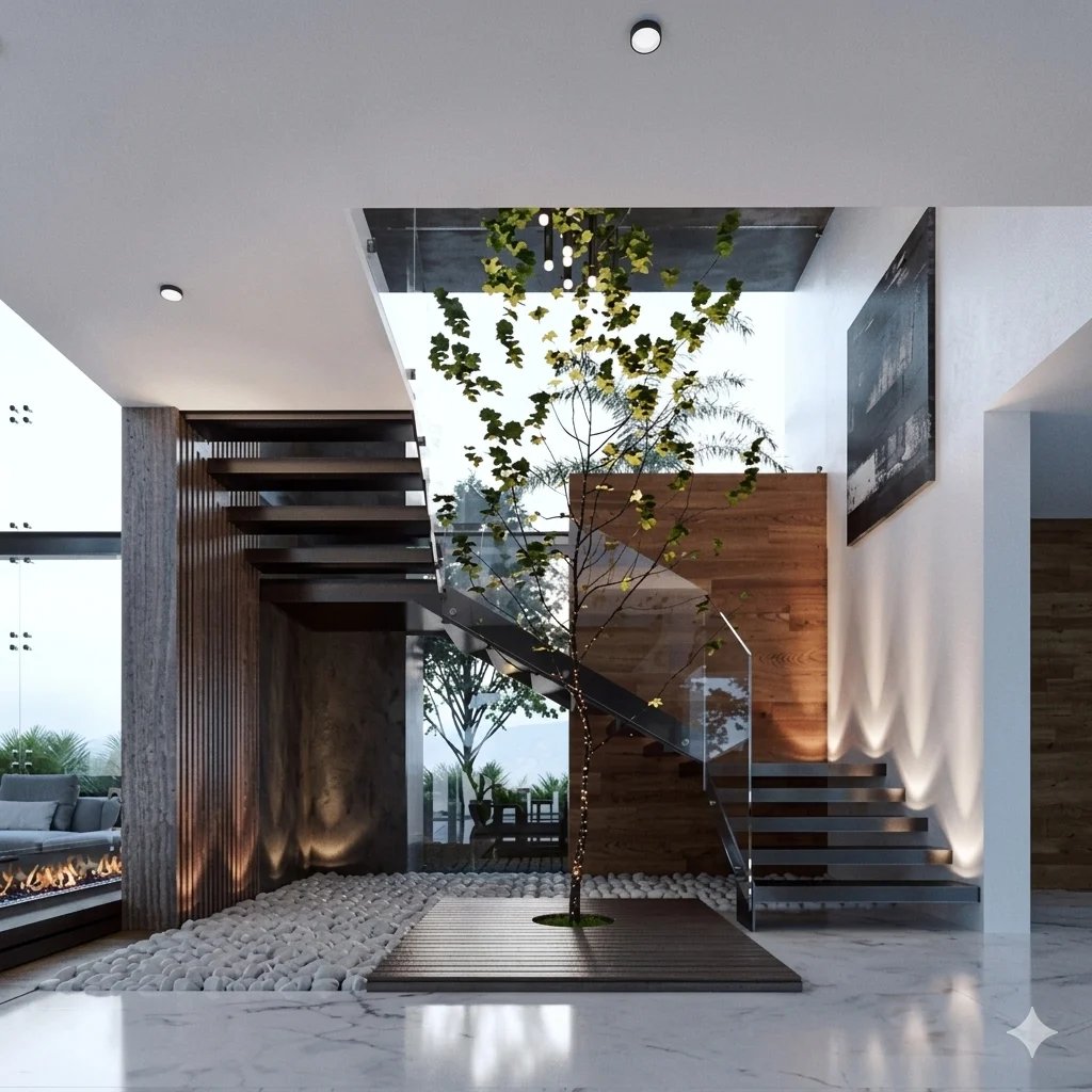 Modern minimalist interior with skylight, wooden stairs, potted tree, concrete floors, and dark metal architectural elements