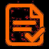 Orange checklist icon with document symbol and checkmark on black background