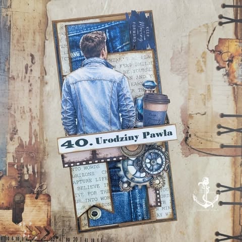Scrapbook page with vintage collage featuring a man in denim shirt, film strips, gears, and text reading 40. Urodziny Pawla