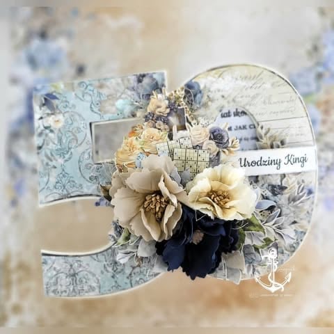 Handmade wedding card with layered floral design, cream and navy 3D flowers, decorative papers, and golden 'Wedding Kings' text by ScrapBoys Anita