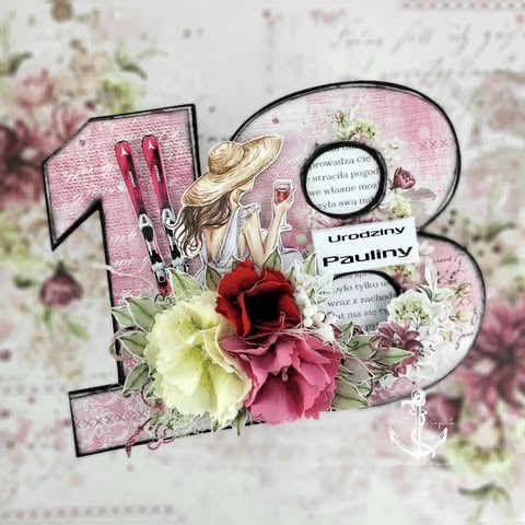 Decorative scrapbook layout with number 18, woman in straw hat with wine, red and cream flowers, and 'Urodziny Pauliny' text on pink floral background