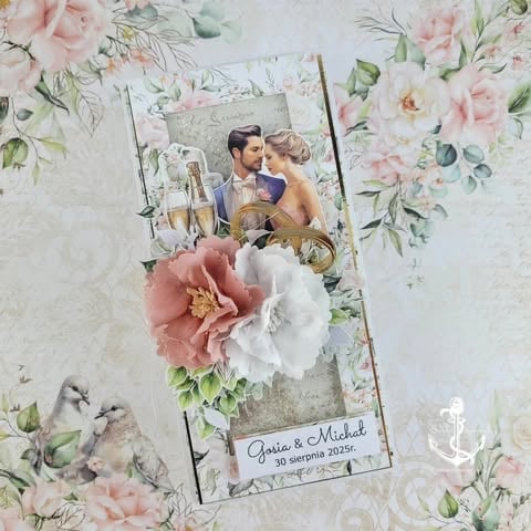 Wedding scrapbook with couple with champagne, pink and white 3D peonies, gold frame, and 'Gosia & Michał 30 sierpnia 2025r.' text on floral background
