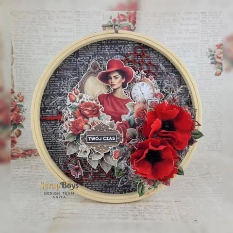 Embroidery hoop scrapbook artwork with vintage woman in red hat and red dress, red 3D roses, clock, and 'Twój czas' text on newspaper background by ScrapBoys Anita