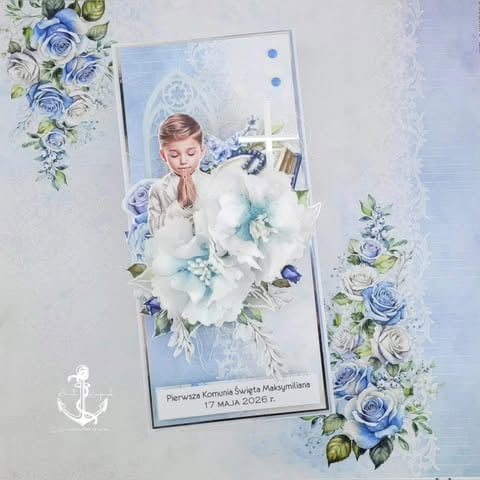 Religious keepsake photo of a young boy in white clothes surrounded by blue and white floral decorations and an anchor symbol