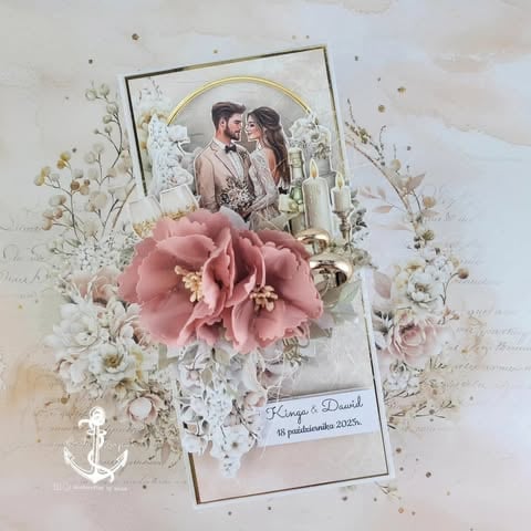 Wedding scrapbook with couple photo, large pink 3D peony, candles, white flowers, and 'Kinga & Dawid 18 października 2025r.' text on cream background