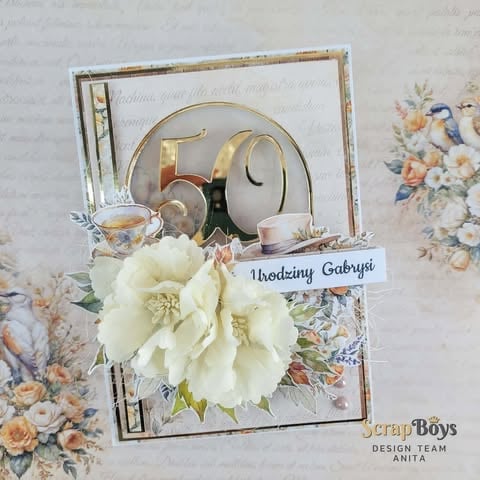 Elegant 50th birthday greeting card with gold number 50, cream peony flower, vintage teacup, and Polish text Urodziny Gabrysii.