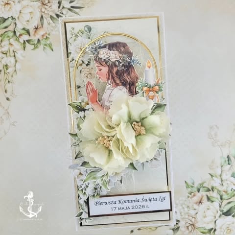 Decorative religious greeting card featuring illustration of a young girl praying with floral frame and attached cream-colored fabric flower