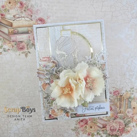 Scrapbook layout with cream and pink 3D flowers, vintage botanical illustration, books, glasses, gold 50 numerals, and 'Jesteś piękna' text on floral background