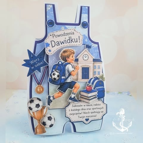 Polish birthday greeting card for Dawidku featuring a boy playing soccer with trophies, a house, and decorative elements on light blue background