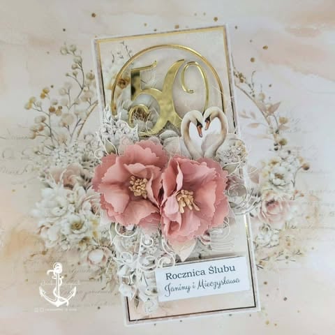 Elegant 60th anniversary card with gold numbers, pink flower, dried botanicals, heart decoration, and Polish text on cream background