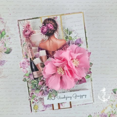 Handmade wedding scrapbook layout with woman in pink dress, floral decorations, and text reading Wedding Greenery