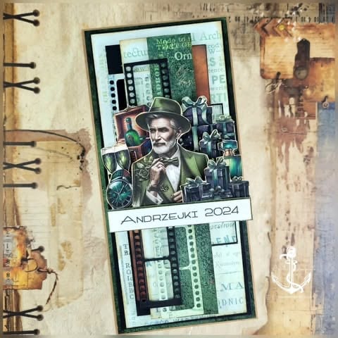 Handmade steampunk birthday card with man in top hat surrounded by gears and circuit boards, 'Andrzejki 2024' text, spiral binding on distressed background