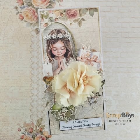 Scrapbook layout featuring illustrated girl with tiara, cream colored flower embellishment, and vintage floral decorative elements on cream background