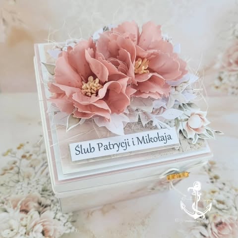 Handmade greeting card with layered design, pink peony flowers, babys breath, and text reading Sluб Patriyoji i Mikołaja