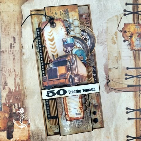 Vintage scrapbook page with mixed media collage featuring a big rig truck design, and '50 Urodziny Tomasza' text on aged textured background