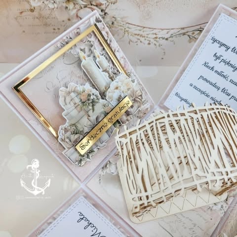 Flat lay of coastal-themed greeting cards and decorative elements including white shells, dried botanicals, and a woven basket on a beige background