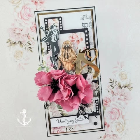 Artistic greeting card featuring vintage film strip illustration with woman, decorated with large pink carnations, gold 70 numerals, and 'Urodziny Julii' text
