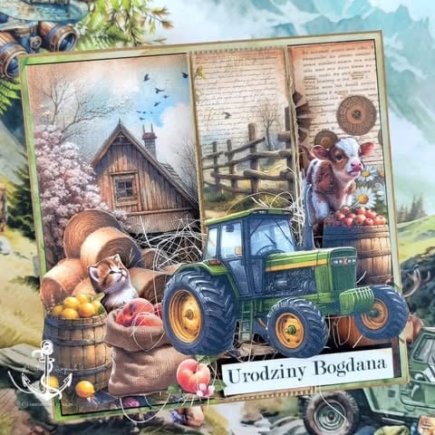 Scrapbook collage with vintage farm scenes, green tractor, countryside cottage, handwritten pages, apple tree, and 'Urodziny Bogdana' text