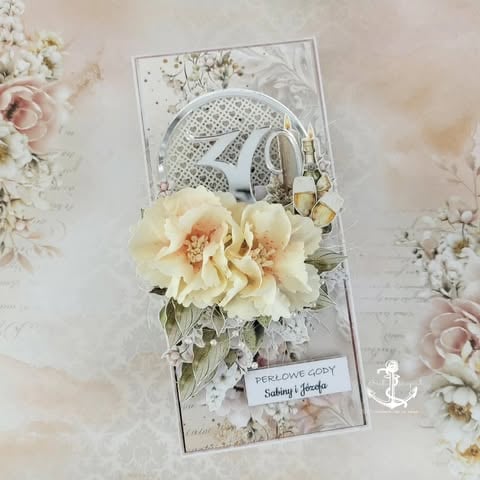 Handmade greeting card with number 40, cream 3D roses, white babys breath flowers, delicate lace details, and 'Z okazji 40 urodzin' text on floral background
