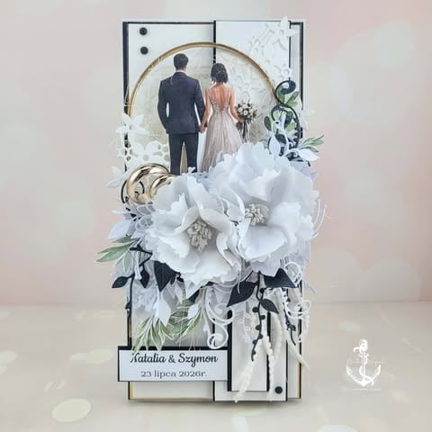 Elegant wedding card featuring a couple at an altar with white flowers, greenery, gold accents, and a personalized nameplate.