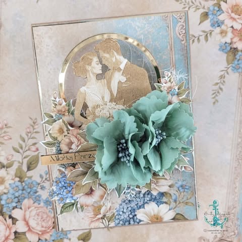 Vintage-style greeting card featuring a sepia-toned couple portrait with large green flower, floral patterns, and decorative elements in pastel colors