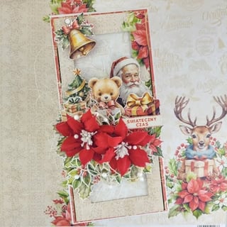 Christmas scrapbook layout with vintage Santa, teddy bear, gold bell, red poinsettias, and decorative elements on patterned background
