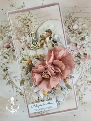 Wedding card with pink mauve border, vintage photo of couple, large pink flower embellishment, dried flowers and gold accents