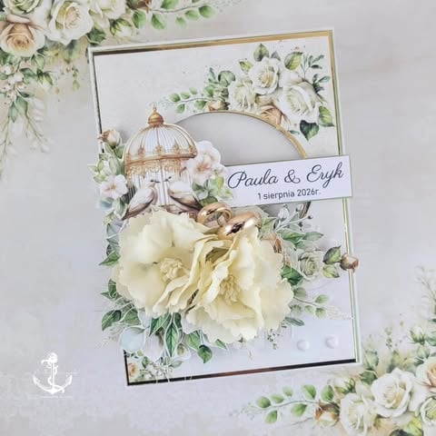 Handmade wedding greeting card with vintage bird cage, cream roses, watercolor florals, and personalized names Paula and Erik with date 1 sierpnia 2024