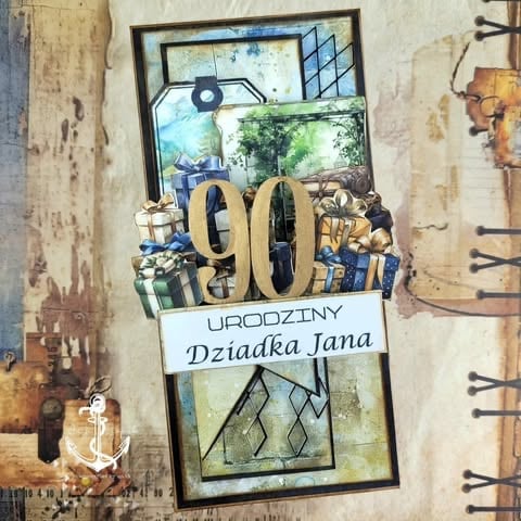 Handmade birthday card with large gold 90 numerals, vintage collage elements, and 'Urodziny Dziadka Jana' Polish text on aged textured background