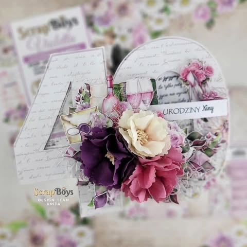 Decorative birthday scrapbook with number 40, pink, purple and cream flowers arranged on vintage floral background, 'Urodziny Kingi' text by ScrapBoys Anita