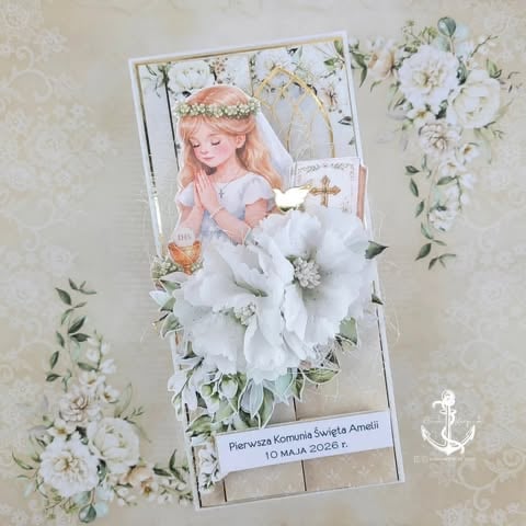 Religious greeting card for First Communion featuring a young girl in white dress with floral decorations and cross symbol