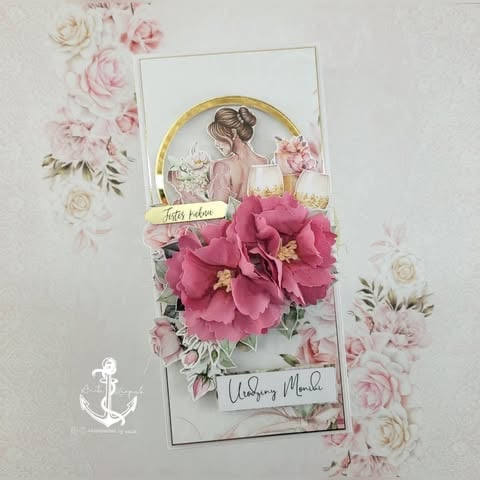 Handmade greeting card featuring woman illustration, gold circle frame, large pink 3D peony flowers, and 'Urodziny Moniki' text on floral background