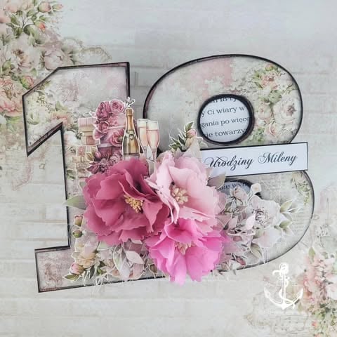 Decorative scrapbook layout with number 18, pink flowers, and cosmetic items on floral background