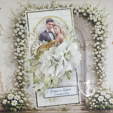 Elegant wedding invitation card with couple portrait, large white 3D peony, gold frame, watch detail, and 'Justyna & Robert 8 listopada 2025r.' text on white flowers background