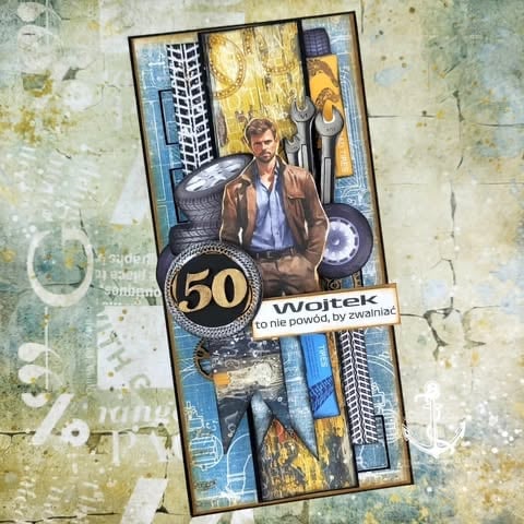 50th birthday collage with man in brown leather jacket, gold 50 badge, tires, tools, industrial cityscape, and '50 Wojtek to nie powód, by zwalniać' text on grungy textured background