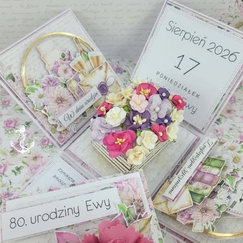 Floral birthday decorations featuring pink and purple flowers with calendar date September 17, 2025, and Polish birthday greeting cards.