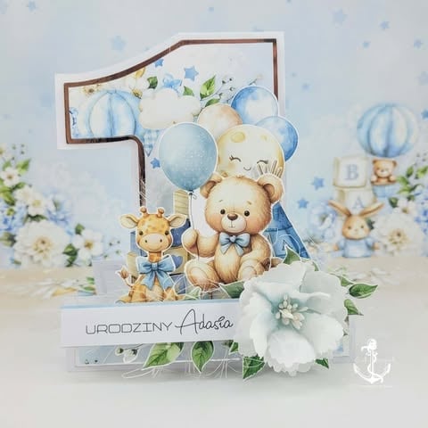 First birthday card with number 1, teddy bear, giraffe, balloons, and white flowers for baby Adasia