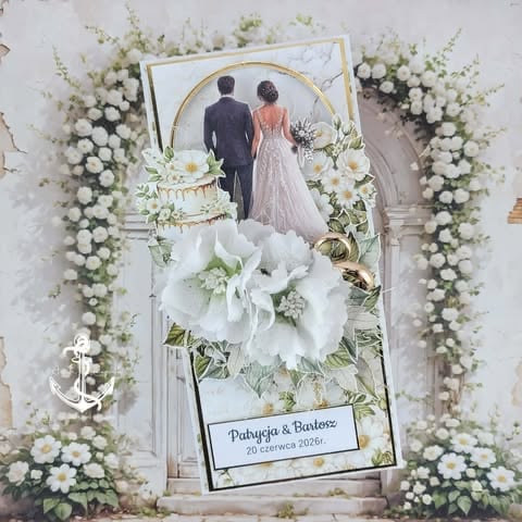 Wedding photo of couple in formal attire surrounded by white floral arrangements and decorative frame with names Patyrcia and Bandero dated 20.06.2024