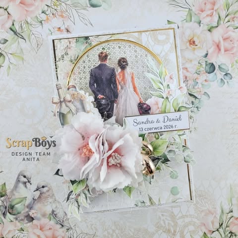 Wedding scrapbook layout featuring photo of couple walking through arch with pink floral decorations and text reading Sandra & Daniel 13 czerwca 2026