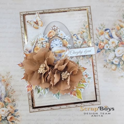 Vintage floral scrapbook card with clock, butterflies, brown fabric 3D flower, gold 30 numerals, and decorative borders on cream background, 'Chwilej dzięk'