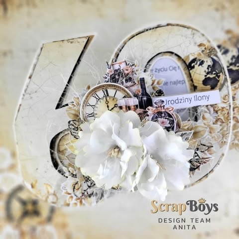 Vintage scrapbook layout with white 3D flowers, ornate clock, wine bottle, books, and 'Najpiekniejszy dzień' text by ScrapBoys Anita