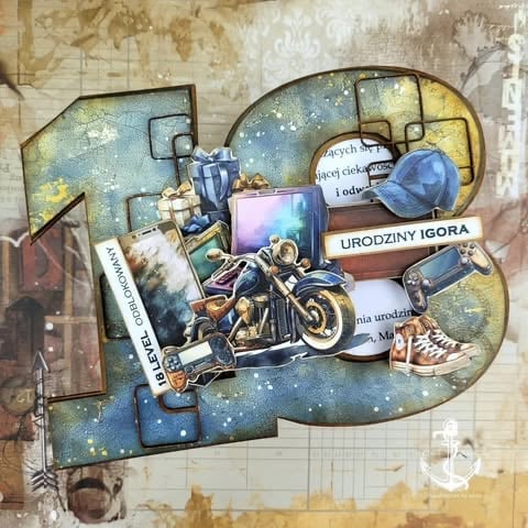 Vintage-themed scrapbook layout shaped like the number 13, featuring retro motorcycle, travel memorabilia, blue starry background, and 'Urodziny Igora' text