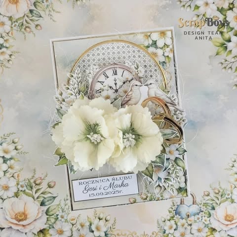 Vintage birthday scrapbook card with white flowers, antique clock, decorative elements, and floral background