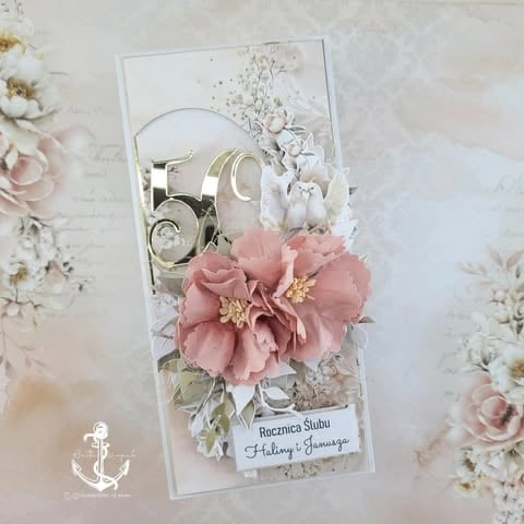Decorative greeting card with mauve 3D flowers, vintage camera illustration, and personalized 'Z okazji urodzin' text on floral background