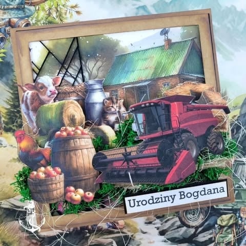 Decorative farm scene collage with harvest produce, wooden frame, red combine harvester, barn, animals, and 'Urodziny Bogdana' text banner