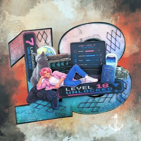 Colorful collage artwork featuring Level 19 Unlocked gaming theme with abstract numbers, retro character, and digital interface elements on textured background
