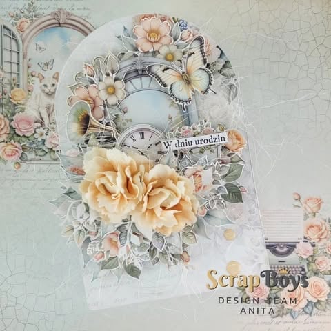 Vintage scrapbooking layout with peach 3D roses, clocks, butterflies, and floral elements on crackle background, 'W dniu urodzin' text by ScrapBoys Anita