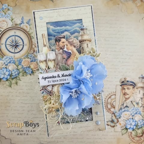 Vintage-style wedding scrapbook with couple photo, blue 3D peony, compass, white flowers, 'W dniu Waszego Ślubu' text on cream background by ScrapBoys Anita