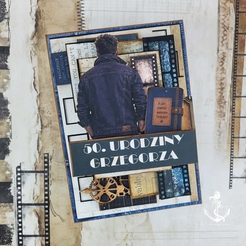 Overhead view of a scrapbook page with vintage elements celebrating 50th birthday of Grzegorz, featuring photos and decorative items on patterned backgrounds